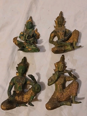 Handmade deities used, set of 4, gilded bronze