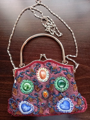 Vintage look evening bag, burgundy embroidered with beads