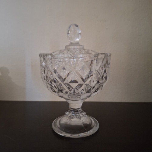 Decorative glass small fondue bowl with lid and foot
