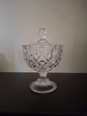 Decorative glass small fondue bowl with lid and foot