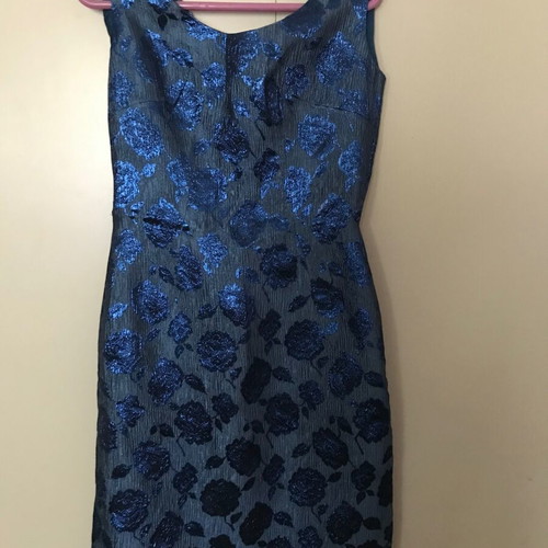 Vintage Handmade Dress 60s Medium Blue Black Jacquard Brocade