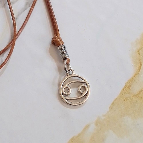 Men's pendant with Cancer zodiac and brown snake cord, new