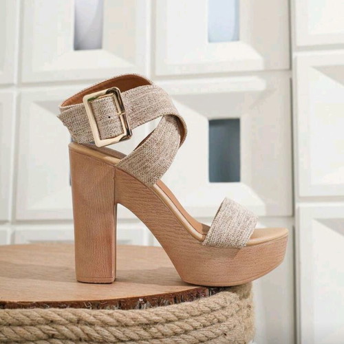 Platform sandals nude/beige new with wood look heel