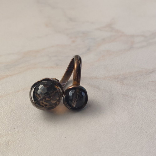 Vintage Retro Bypass Ring with Faceted Smoky Quartz Stones