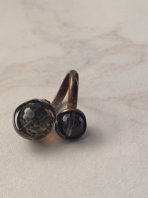 Vintage Retro Bypass Ring with Faceted Smoky Quartz Stones