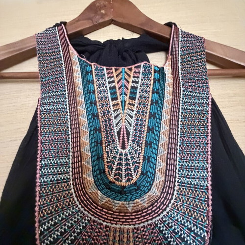 Moutaki black maxi dress like new with boho embroidery and halter neckline M/L