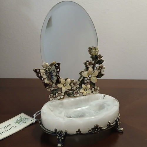 Brass jewelry box with mirror and enamel floral butterfly design