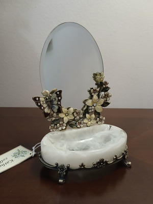 Brass jewelry box with mirror and enamel floral butterfly design