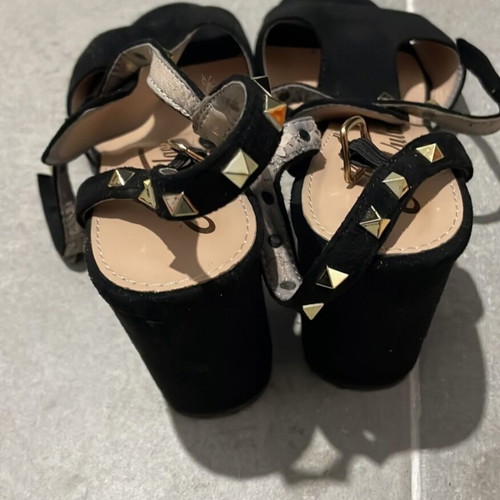 Black suede sandals with thick heel and gold studs like new, size 39