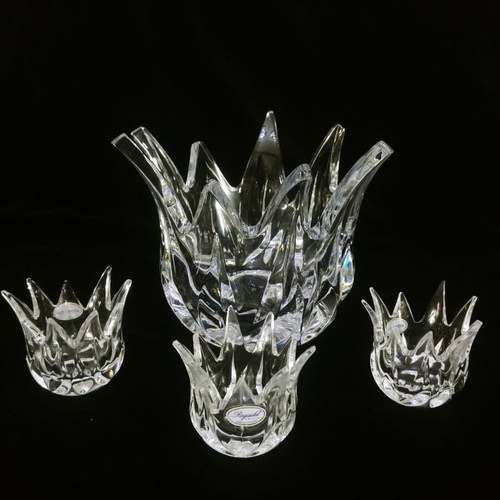 Rogaska Lotus bowl and three lead crystal candlesticks like new