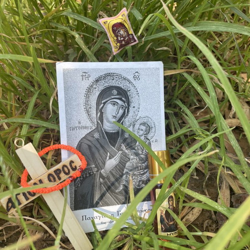 Gift set for August 15 with Athos prayer rope, myrrh, wooden cross, and pendant