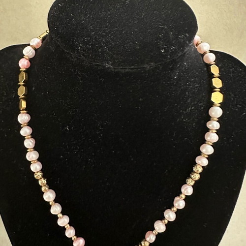 Handmade necklace with pink pearls and gold hematite new