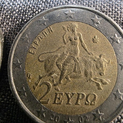 2 Euro 2002 Greece coin with 4 minting errors