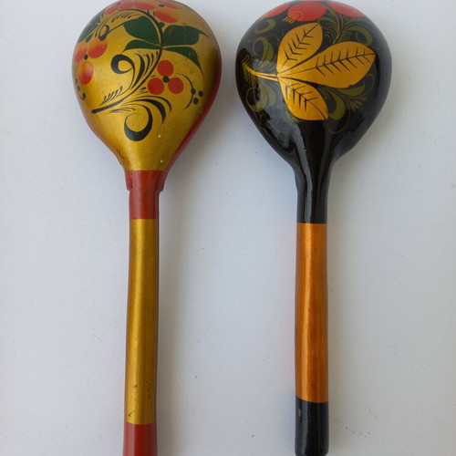 Set of 2 small Russian Khokhloma spoons like new, hand-painted wood