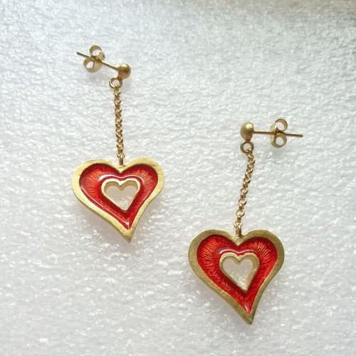 Silver gold-plated heart earrings with permanent red enamel new