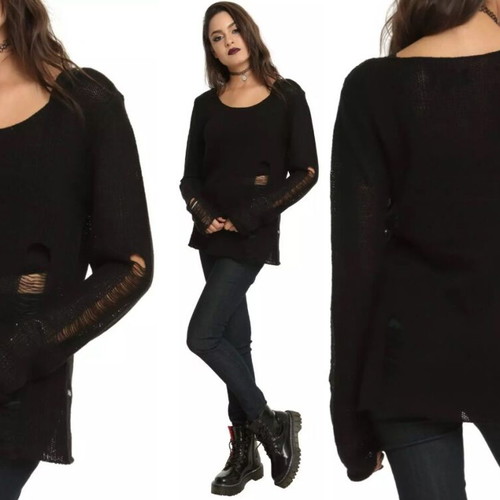 Hot Topic Gothic Distressed Black Lightweight Knit Sweater used, size L