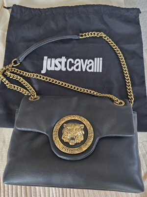 Just Cavalli иконична чанта с тигрово лого, черна кожа