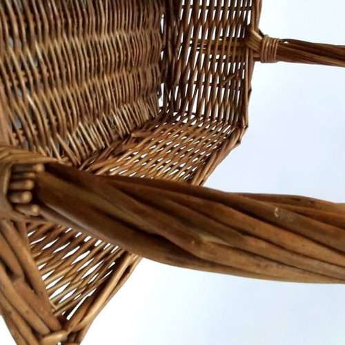 Vintage woven basket 1950s with high handle, natural wicker