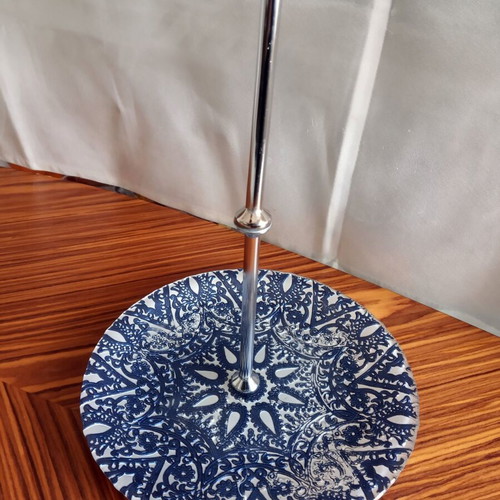 Aura glass embossed blue serving platter with metal handle new
