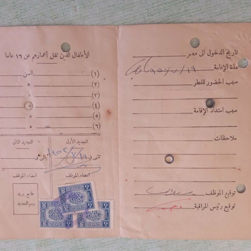 Egyptian Residence Permit Document 1954 used with photo and tax stamps