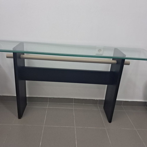 Glass table in two parts, wood and glass, black and beige