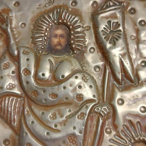 Old tin lithograph image depicting the Resurrection, 26x22 cm