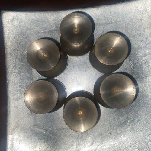 Brass shot glasses used, set of 6 with metal base