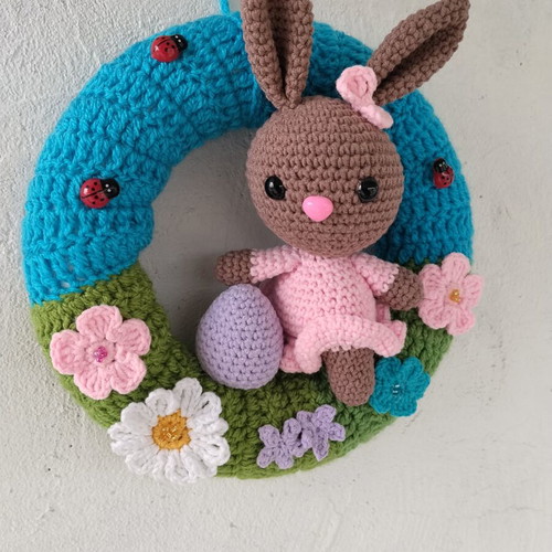 Handmade Easter wreath amigurumi brown bunny new