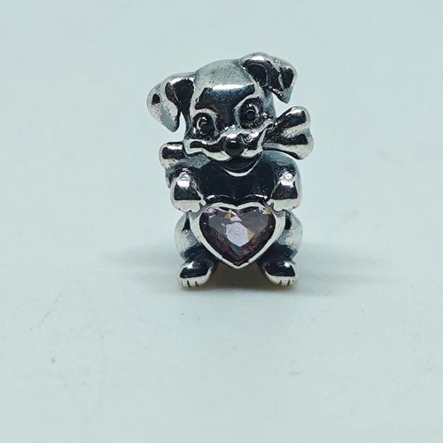 Silver Charm Dog with Pink Crystal Heart S925 like new