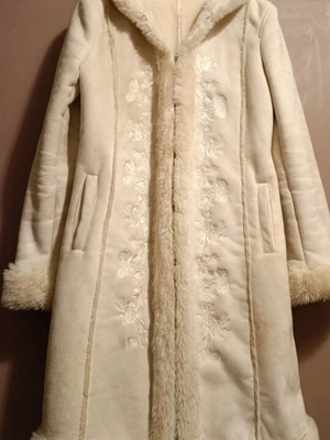 Orsay long women's coat with hood and floral embroidery, cream