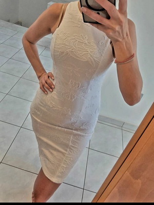 Zara white fitted midi dress with embossed floral design, like new