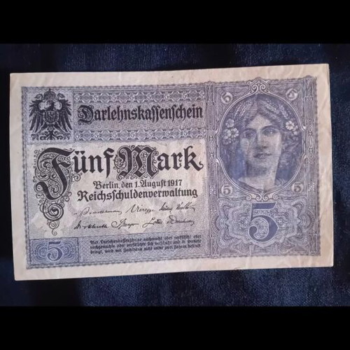 German 5 Mark banknote used, 1917 Darlehnskassenschein