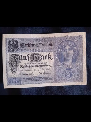 German 5 Mark banknote used, 1917 Darlehnskassenschein