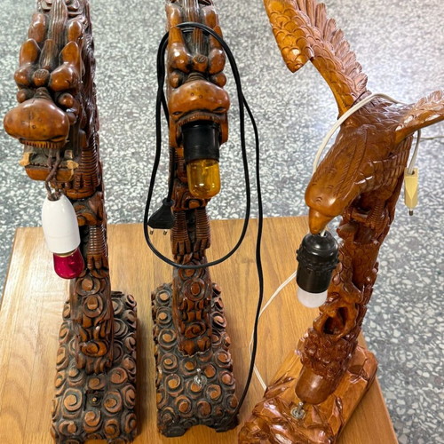 Handmade Wooden Table Lamps Set with Dragons and Eagle like new