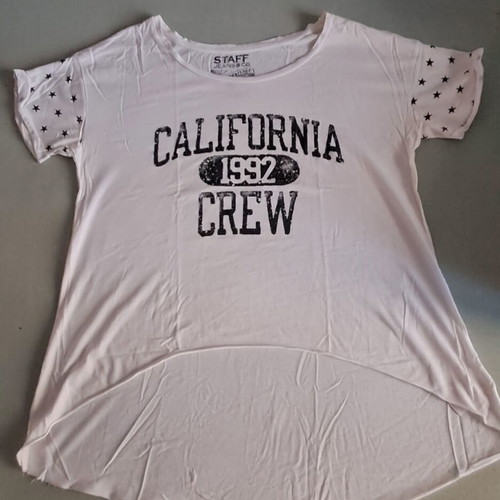 Staff women's white T-shirt size S, short front, longer back