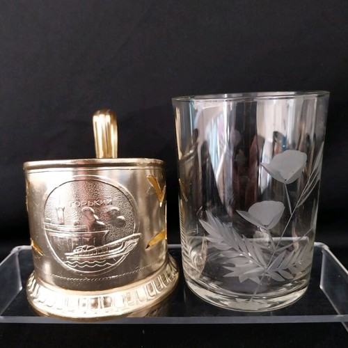 Vintage set of 2 metal holders with USSR glasses