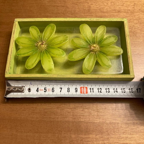 Green flower-shaped tealight candles in wooden base new