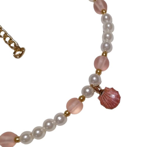 Necklace with pearls, matte glass beads and metal shell new