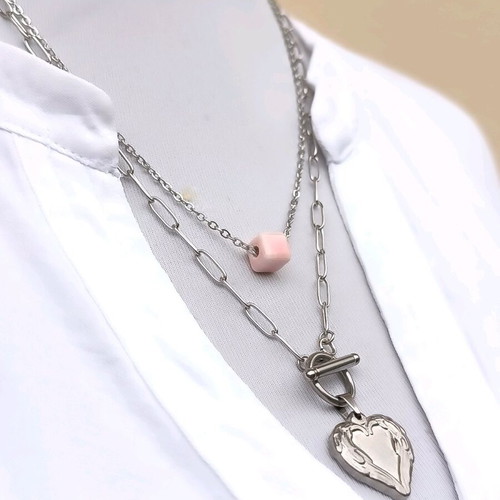Layered stainless steel necklace with pink ceramic cube and embossed heart new