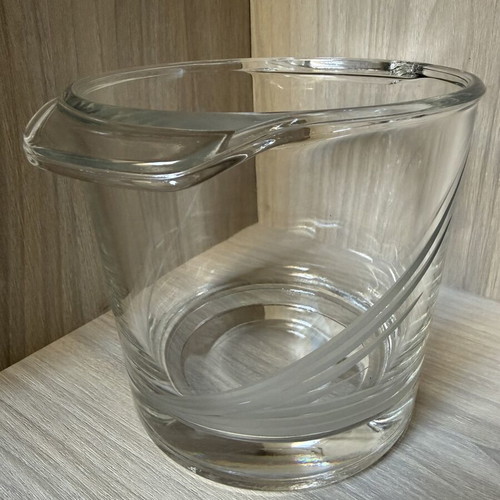 Glass ice bucket like new with handles and decorative matte engraving