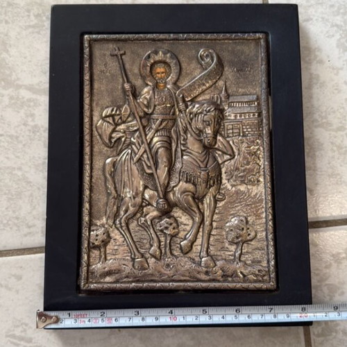 Byzantine Icon of Saint Minas with 925 Silver Inlay Clarte like new