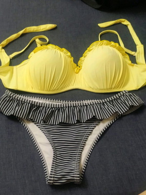 Women's bikini set size 46 / 40D used, yellow and gray with ruffles
