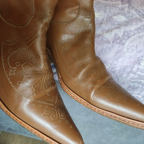Kalogiou vintage leather cowboy western boots tan brown used size 38