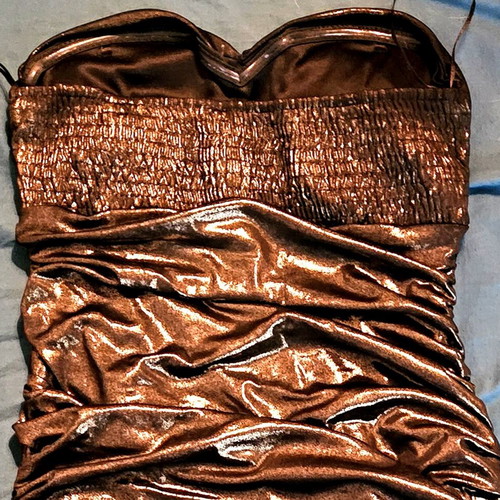 TALLY WEIJL dress dark gold with ruching and black iridescence like new