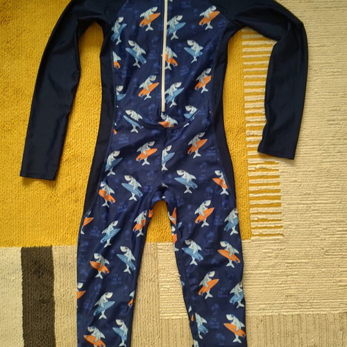 Children's full-body rashguard swimsuit with sharks, size 140