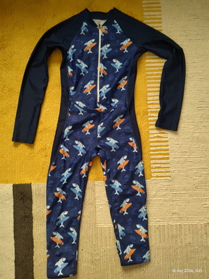 Children's full-body rashguard swimsuit with sharks, size 140