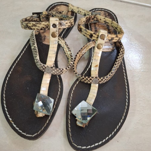 Snakeskin leather sandals with decorative stone, size 38, used