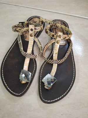 Snakeskin leather sandals with decorative stone, size 38, used
