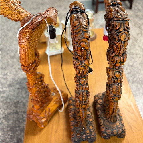 Handmade Wooden Table Lamps Set with Dragons and Eagle like new