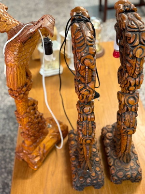 Handmade Wooden Table Lamps Set with Dragons and Eagle like new